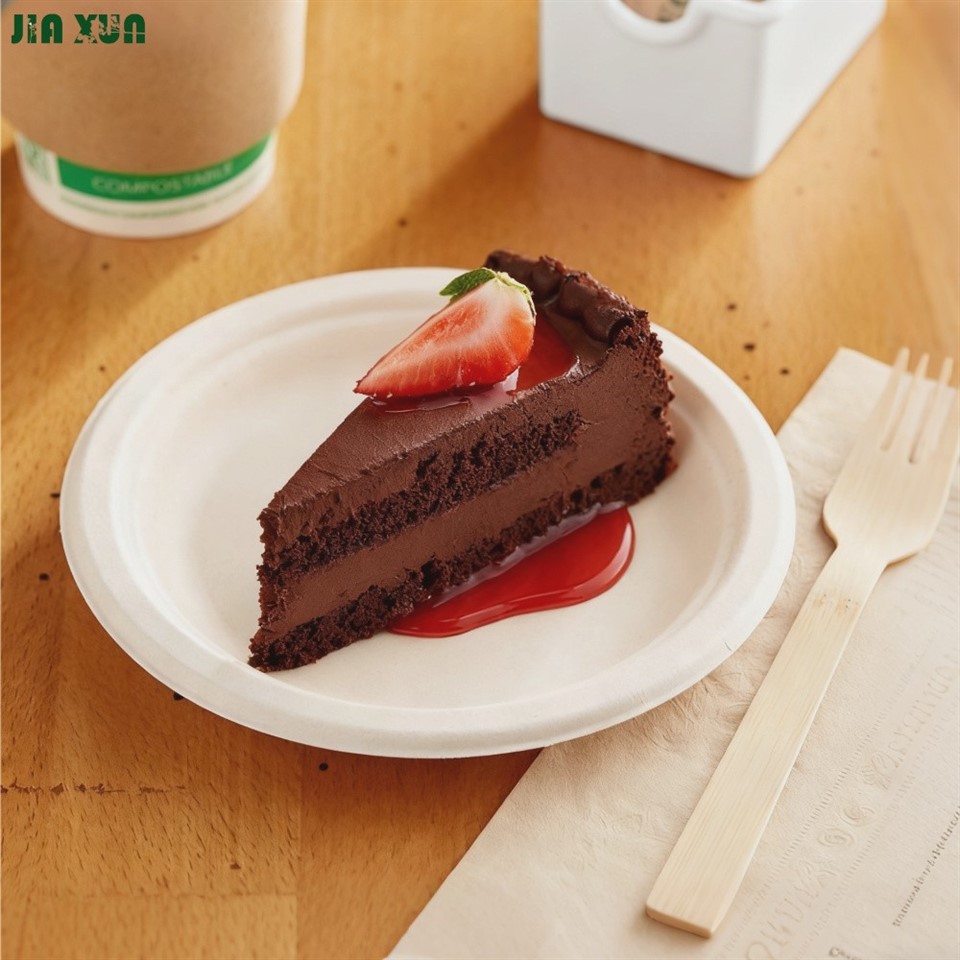 bagasse plate serving chocolate cake