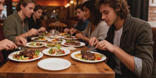 Bulk biodegradable bagasse plates in use at a commercial restaurant or catering event Bulk biodegradable bagasse plates in use at a commercial restaurant or catering event